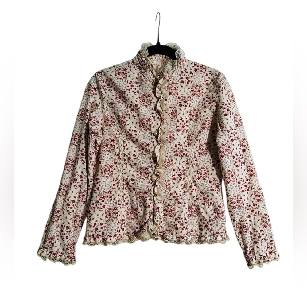 Vintage 70s Floral Ruffle Lace Trim Blouse Victorian Cottagecore Feminine